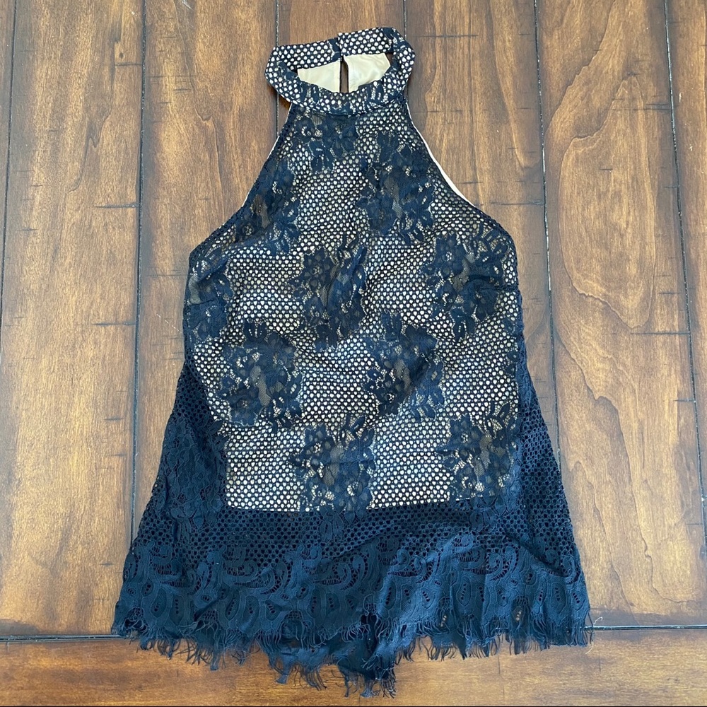 Black lace halter top with nude underlay